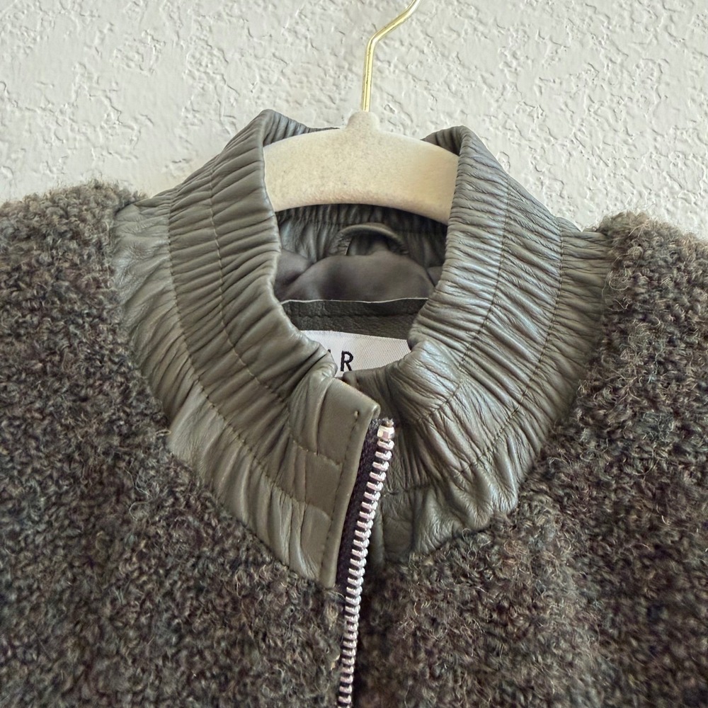 SIR. The Label Mixed Media Boucle Wool Bomber Jacket Olive Green Leather Trim S - Picture 8 of 16